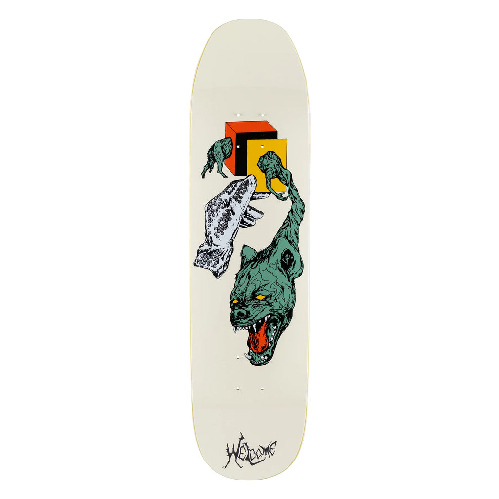 A WELCOME FACE OF A LOVER ON SON OF MOON skateboard with an image of a dog and a cat on it.