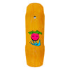 A yellow skateboard with the WELCOME LIGHT AND EASY ON TOTEM 2.0 brand's cartoon character on it.