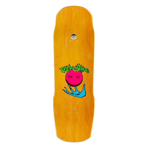 A yellow skateboard with the WELCOME LIGHT AND EASY ON TOTEM 2.0 brand's cartoon character on it.