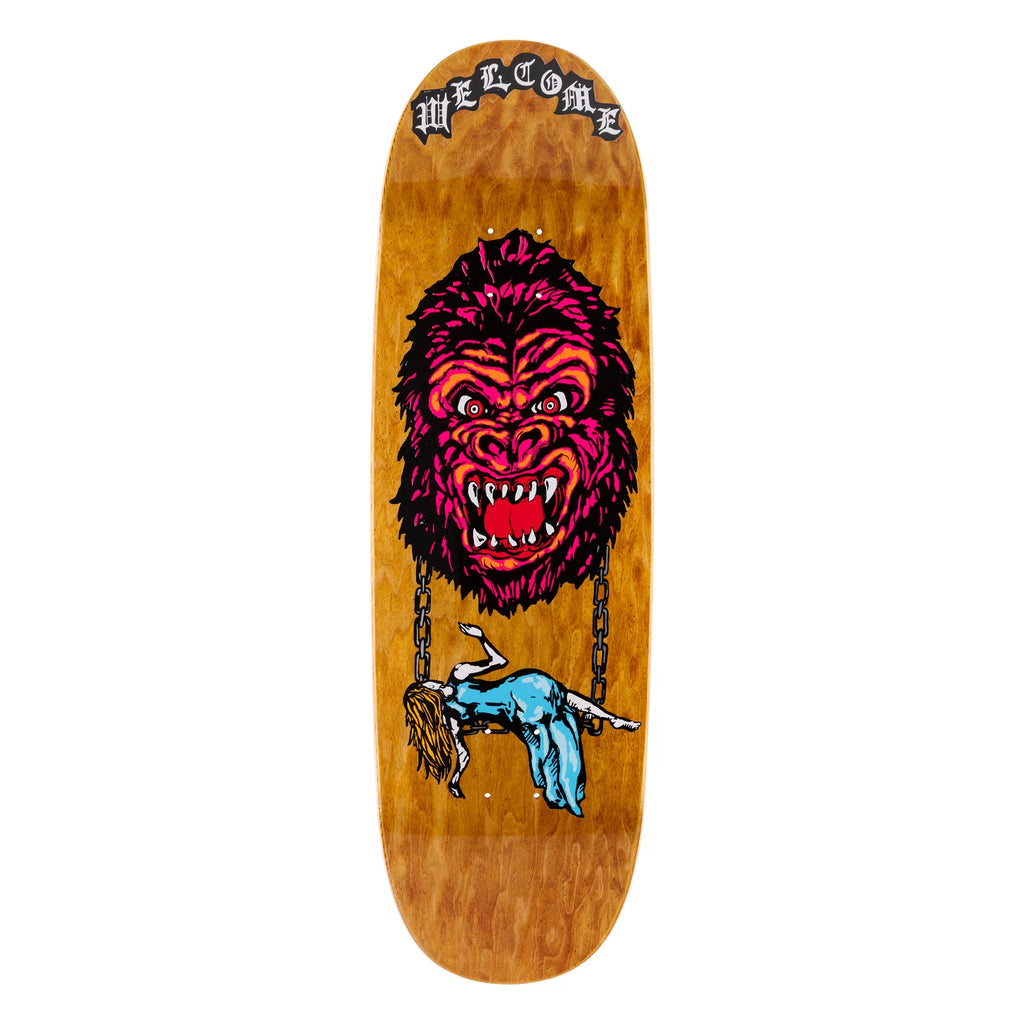A Welcome skateboard deck featuring a gorilla image, measuring 10.5" x 33.0".