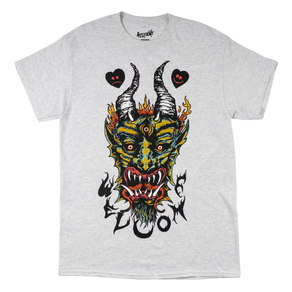 A WELCOME LIGHT AND EASY TEE ASH HEATHER with an image of a devil with flames on it.