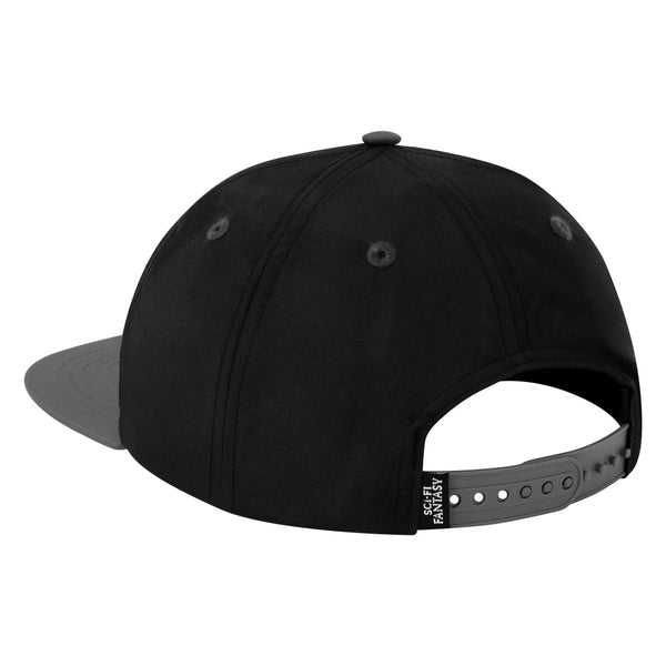 The back of the hat featuring a grey, plastic, snap-back closure.