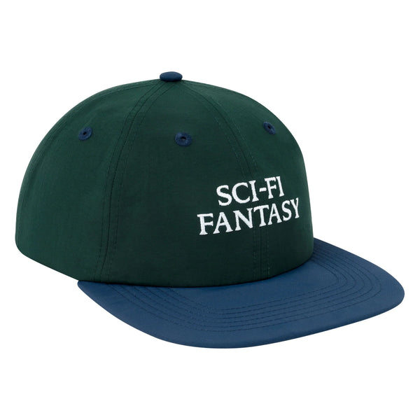A dark green hat with a navy bill and navy details, with a white sci-fi logo on the front.