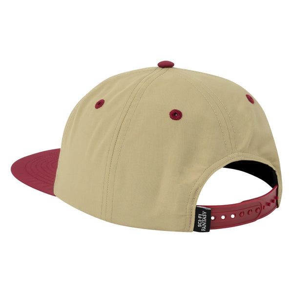 The back of the hat that features a dark red, plastic, snap-back closure.