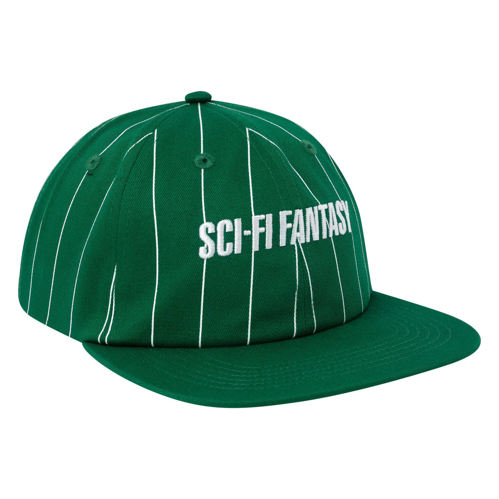 A green hat with white stripes and the sci-fi fantasy logo scross the front.