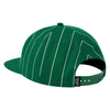 The back green plstic snap-back closure of the hat.