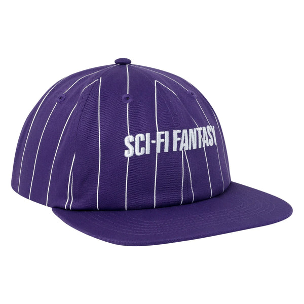 A purple hat with white stripes and teh sci-fi fantasy logo across the front.