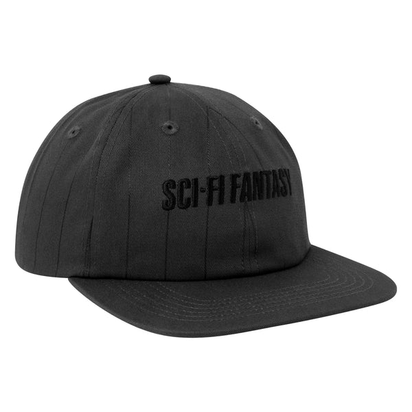 A dark grey colored hat with black stripes and the sci-fi fantasy logo across the front.