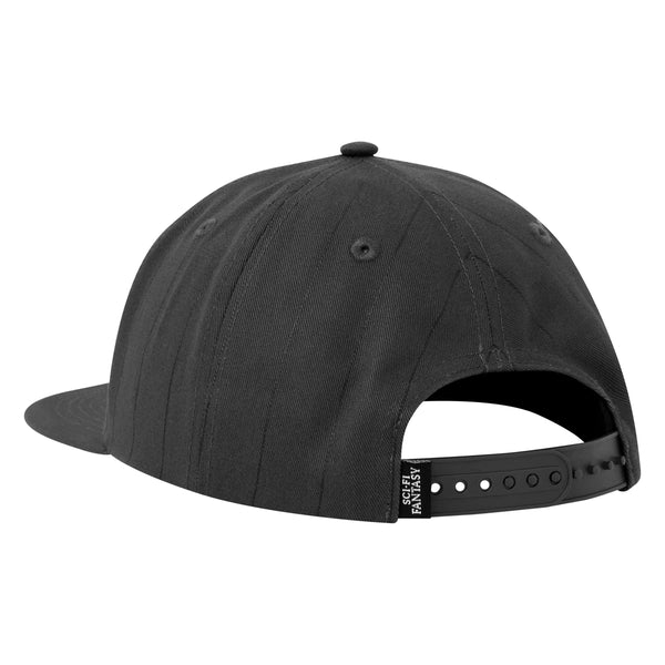 The back black, plastic snap-back closure of the hat.