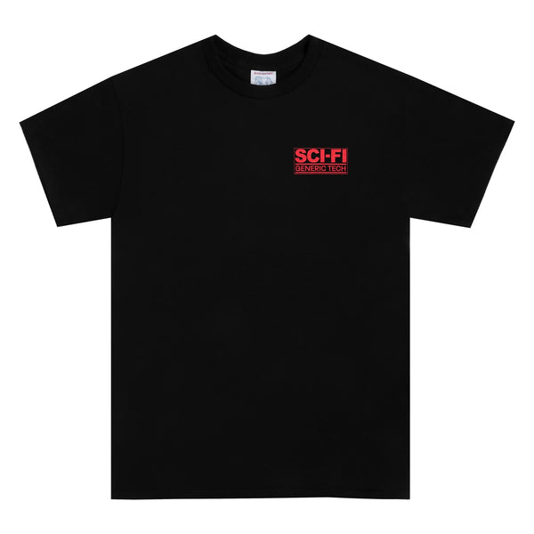 A black SCI-FI FANTASY tech tee with a red logo, perfect for fans of sci-fi and fantasy.