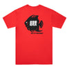 A black fish printed on the back of a SCI-FI FANTASY FISH POCKET TEE RED shirt.