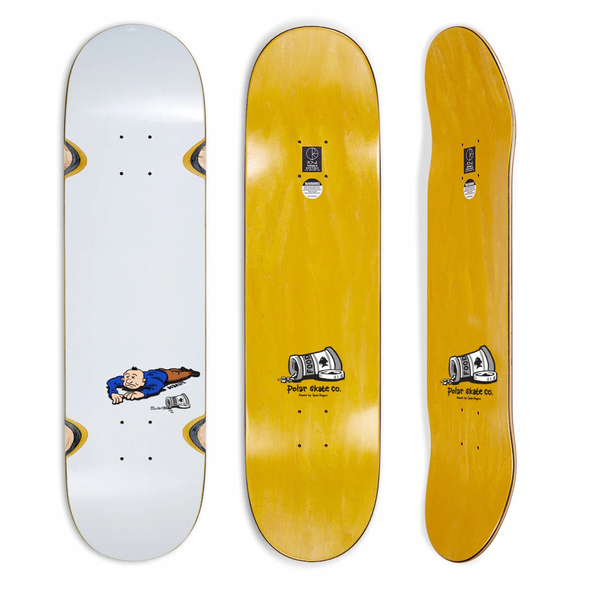 A couple of POLAR skateboards with HALBERG CAN FOOD WHEEL WELLS WHITE sitting next to each other.