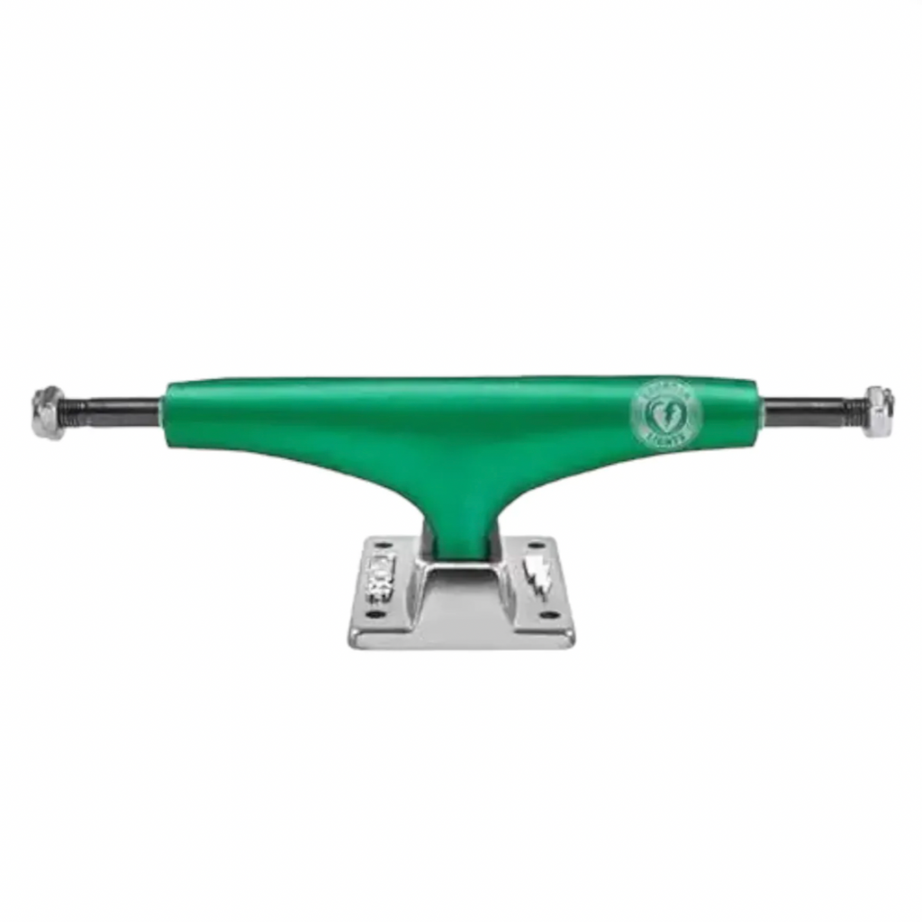 A THUNDER DUOS LIGHTS 148 GREEN/POLISHED (SET OF TWO) skateboard truck featuring a forged baseplate on a white background.