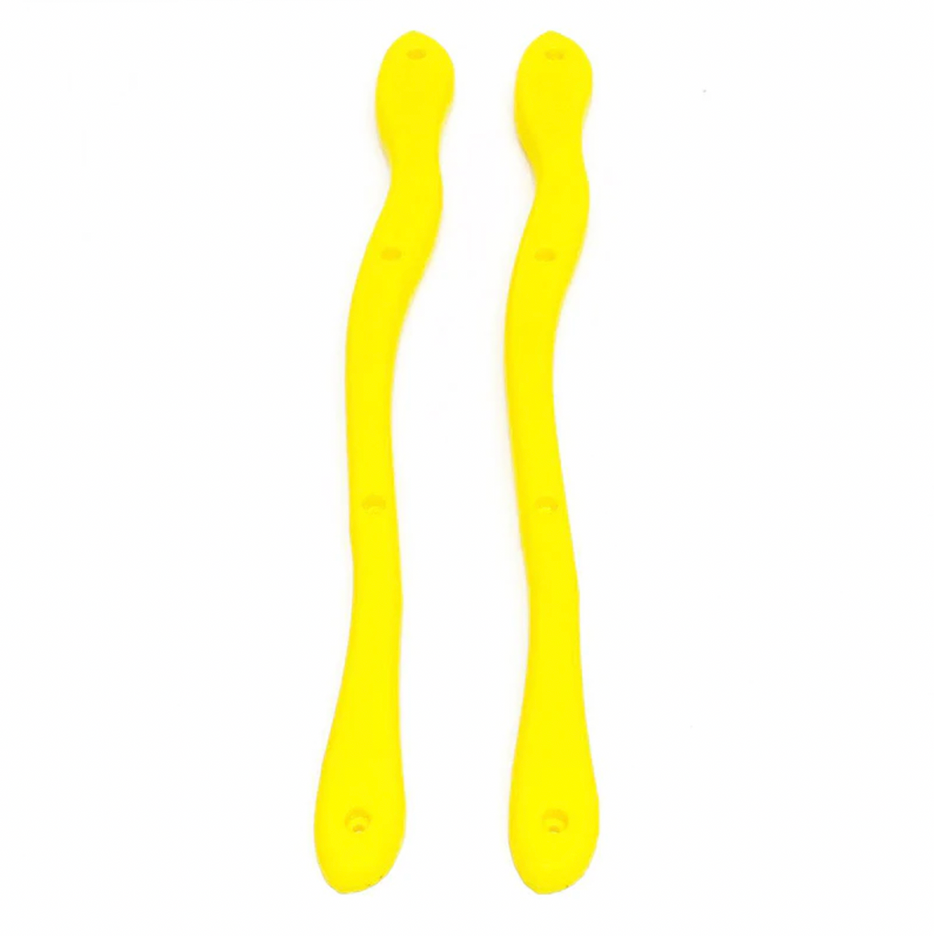 A pair of abstract shaped yellow skateboard rails with 4 holes.