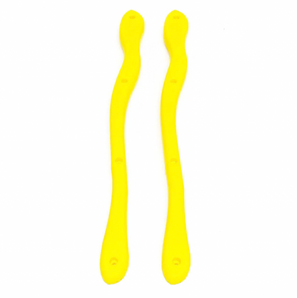 A pair of abstract shaped yellow skateboard rails with 4 holes.