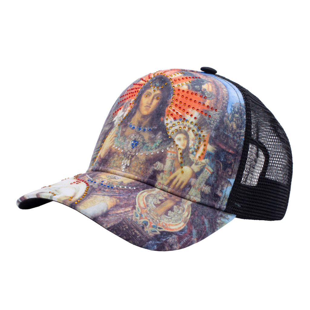 a hat with a cathedral print of a woman
