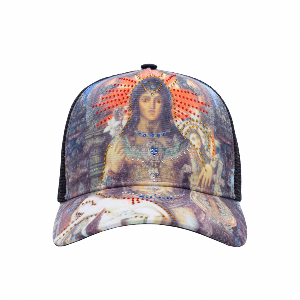 front view of a hat with a cathedral print of a woman