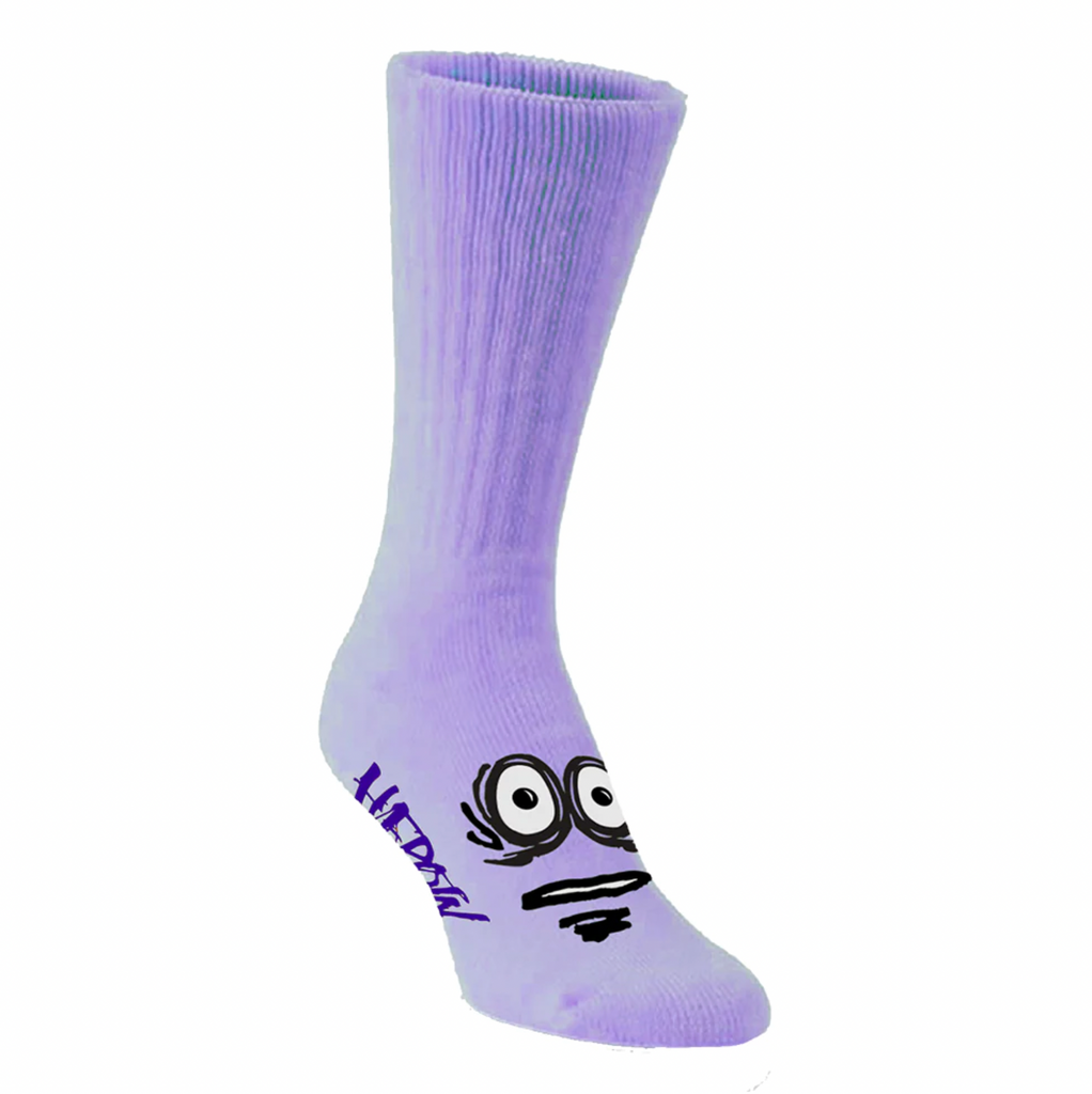 A HEROIN BIG EGG SOCKS VIOLET with a cat face on it.