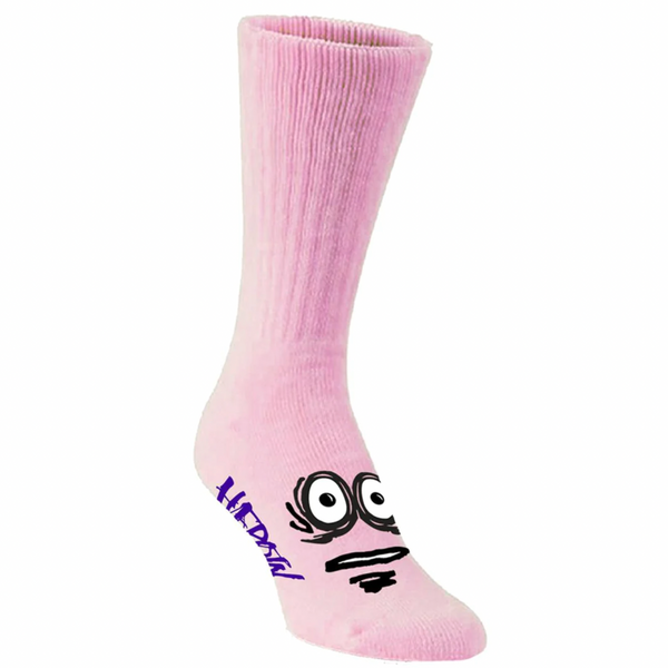 A HEROIN BIG EGG SOCKS PINK with a face on it.