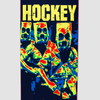 C close up of A black skateboard with a thermal image of 3 people and the text HOCKEY.