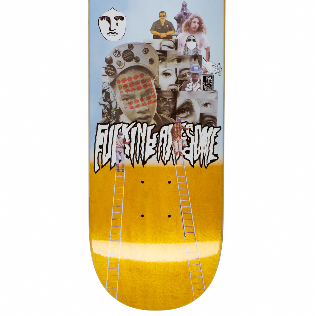 A close up of A skateboard deck with a collage image of faces and people climbing ladders.