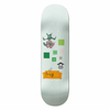 A light blue skateboard deck with green tiles, a cow head, and a stinky orange couch. 
