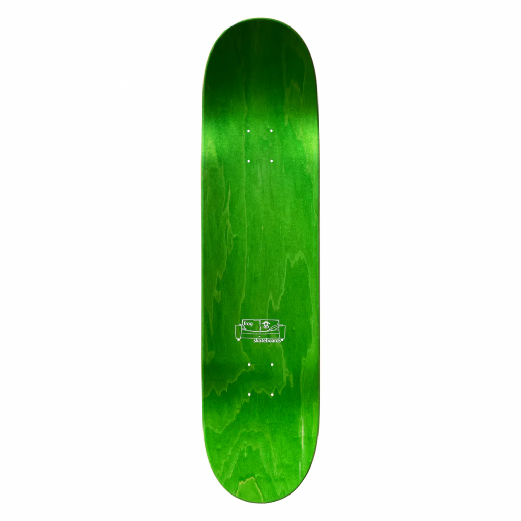 The top of a green stained skateboard with a small outline of a couch. 