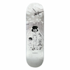 A black and white skateboard deck with a drawing of pat g in a city with his friends.