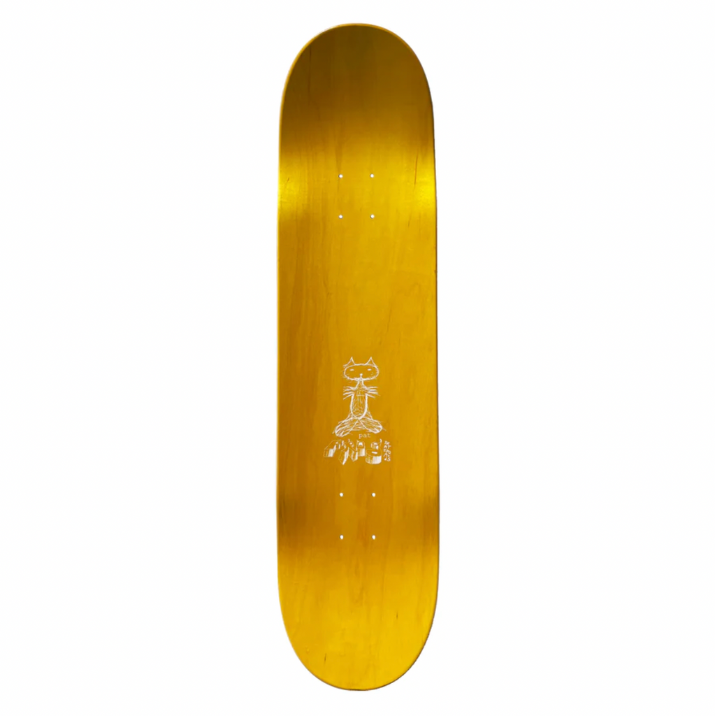 The top of a yellow stained skateboard with a white drawing of a cat.