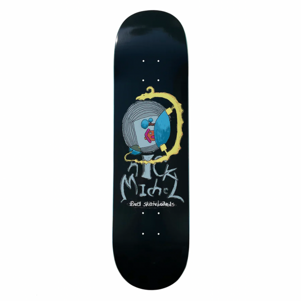 A black skateboard deck with a dragon drawing surrounding a house. 