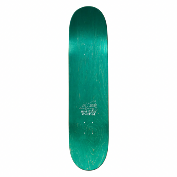 A top of a teal skateboard with a white drawing of a dragon.