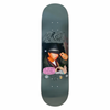 A grey skateboard with a picture of jesse alba in a fedora.