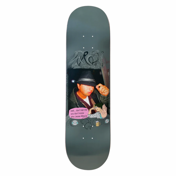 A grey skateboard with a picture of jesse alba in a fedora.