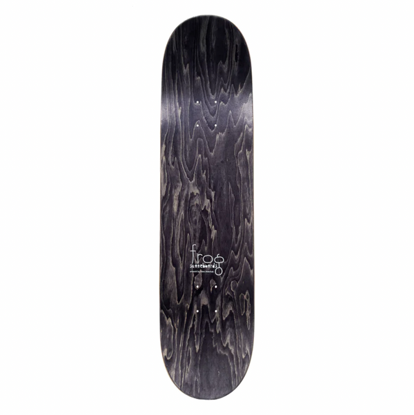 A top of a black stained skateboard with a white text that says 'frog skateboards'.