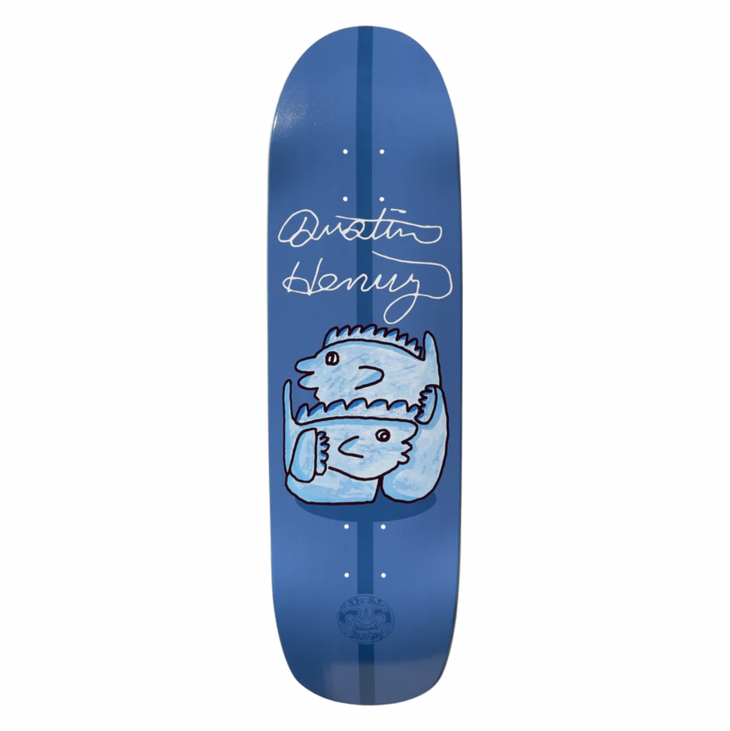 A blue skateboard deck with a drawing of two fish and a dustin henry printed signature.