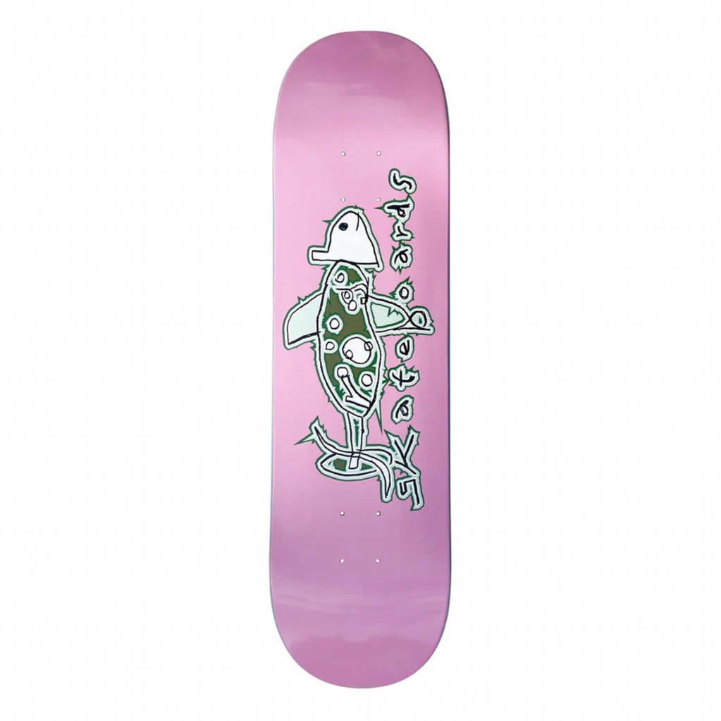 A pink skateboard deck with a sketch of a fish that says frog skateboards.
