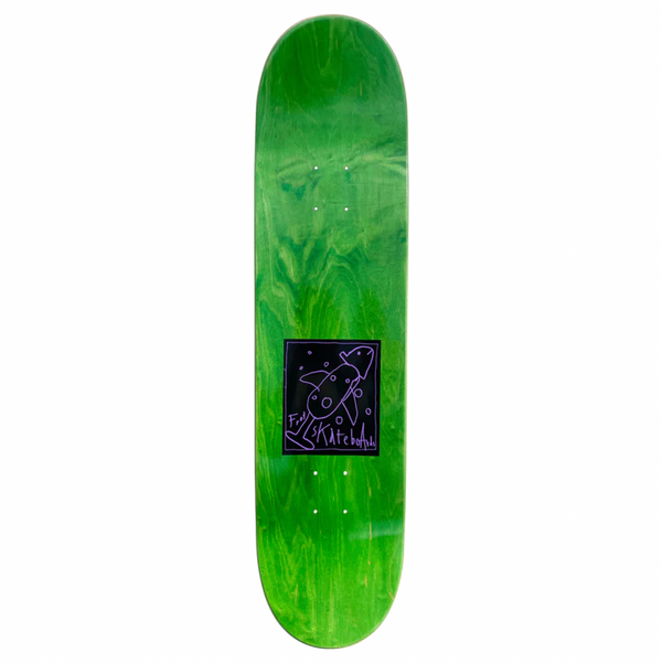 The green stained underside of a skateboard with a square with the fish drawing inside.