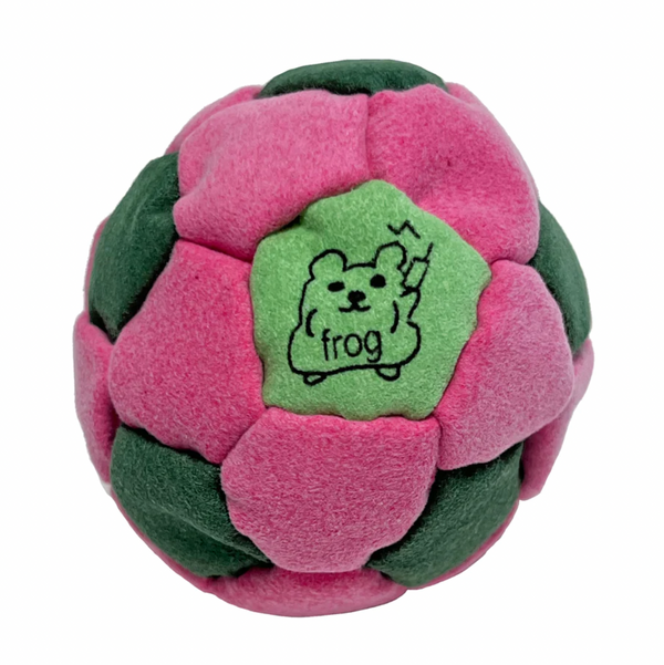 A colored hacky sack with a hamster holding a phone that says 'frog'.
