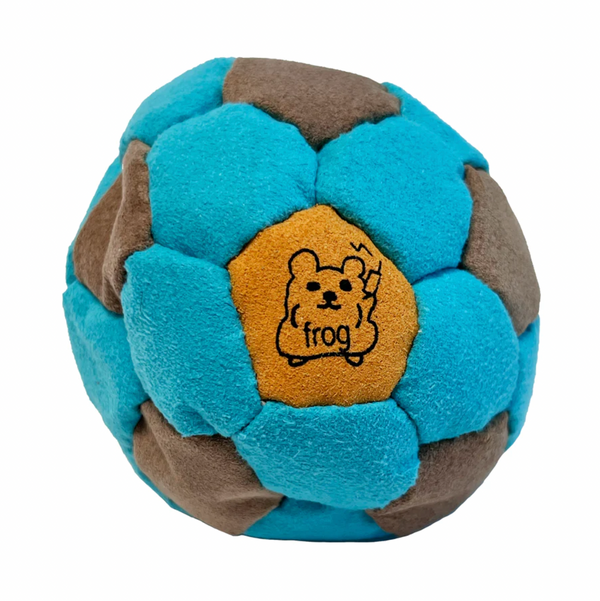 A colored, soft paneled hacky sack with a hamster holding a phone that says 'frog'.