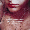 A close up of the skateboard deck with Alice from Resident Evil that has white texts which reads "Sci-Fi Fantasy LLC Skateboarding"