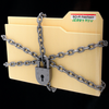 A close up of a file folder with chains and a lock wrapped around it with the words "Sci-Fi Fantasy Jerry Hsu".