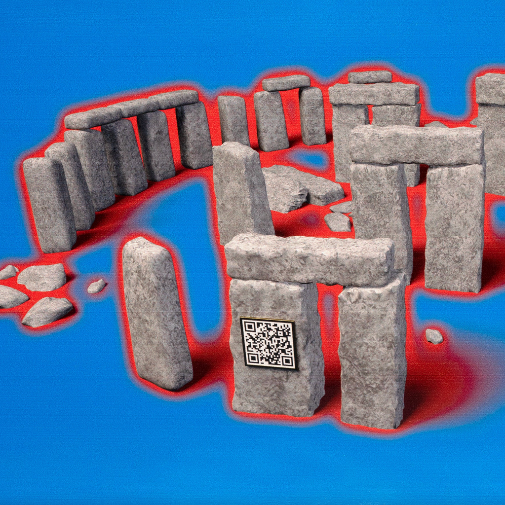 A close of up the image of stonehenge glowing red and a QR code on the side of one of the rocks.