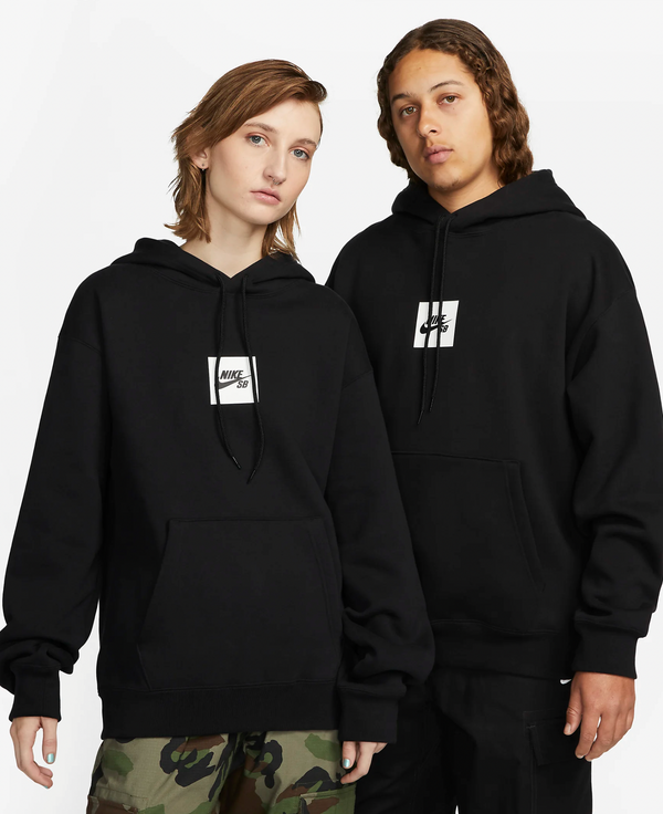 The NIKE SB BOX LOGO FLEECE HOODIE BLACK is black with a white logo on it.