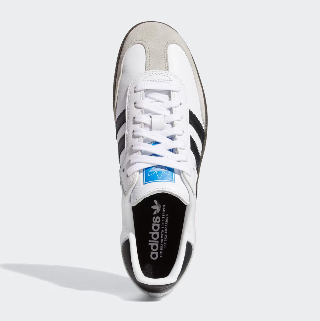 A white and blue ADIDAS SAMBA ADV WHITE / BLACK sneakers on a white background.