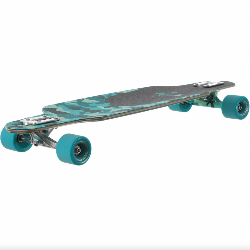A DUSTERS CHANNEL DRAGONFLY 34" LONGBOARD TEAL with blue wheels on a white background.