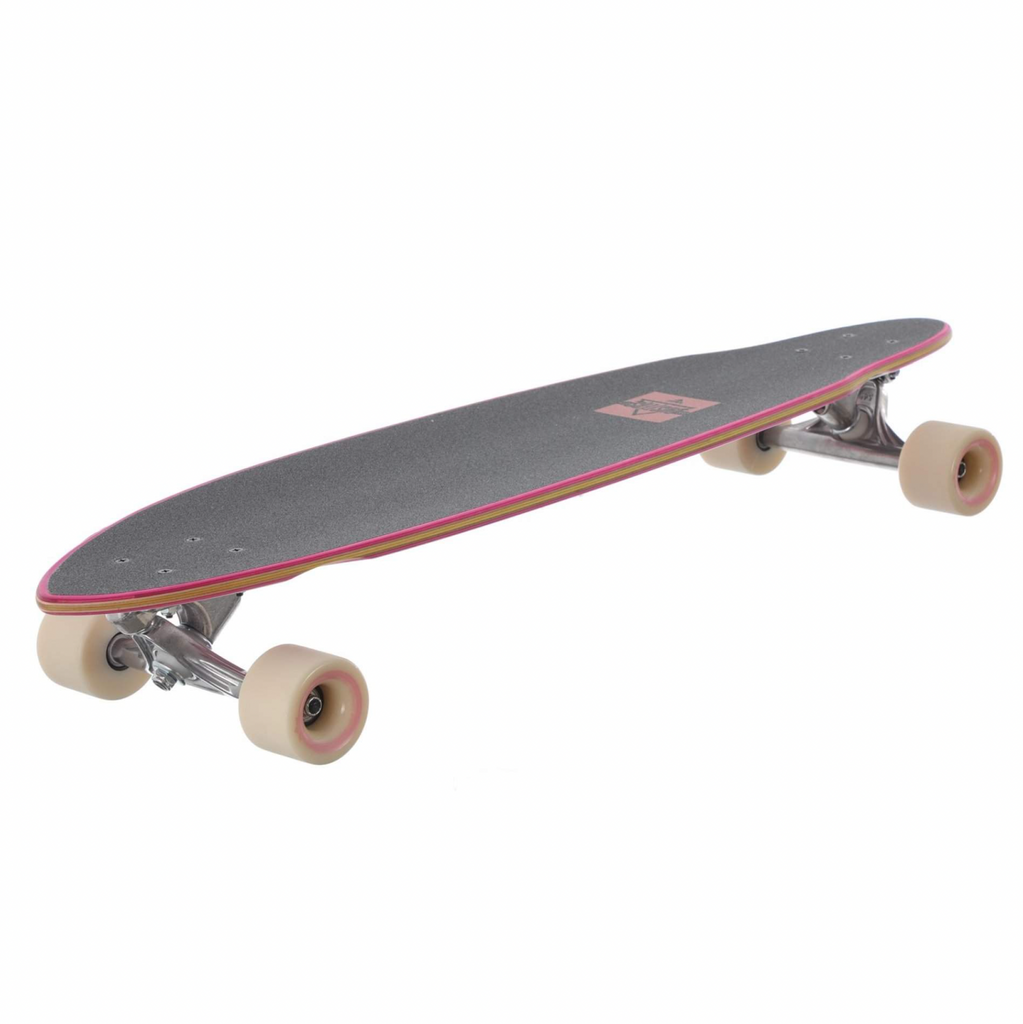 A DUSTERS skateboard with pink and black wheels on a white background.