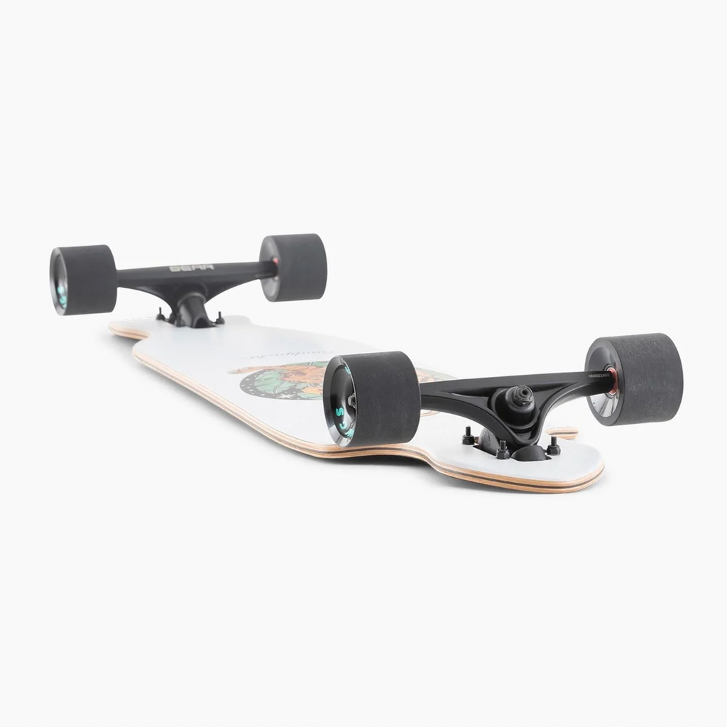 A LANDYACHTZ BATTLE AXE PAPER TIGER LONGBOARD with two wheels on a white surface.