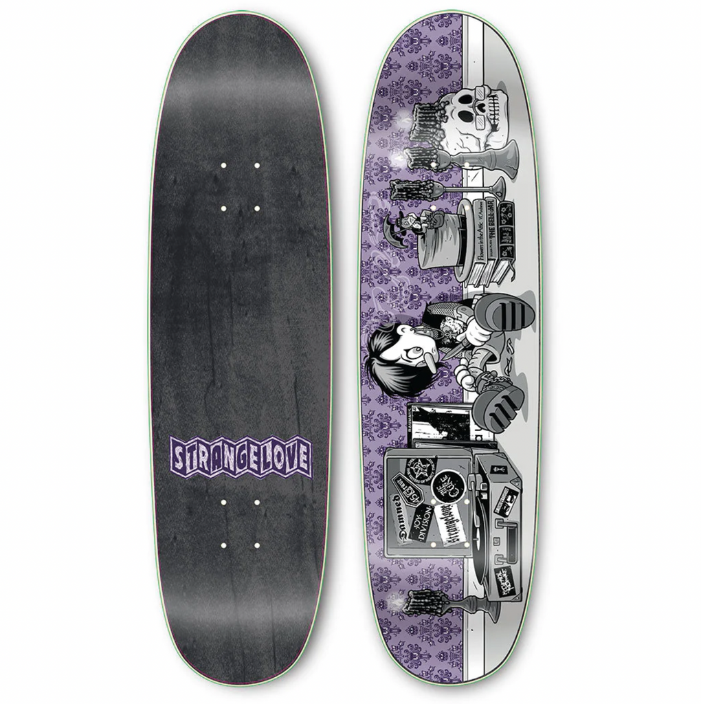 A STRANGELOVE skateboard with a purple and black design on it featuring artwork by Sean Cliver.