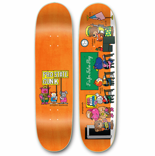 A STRANGELOVE skateboard deck with cartoon characters on it, suitable for back to school.