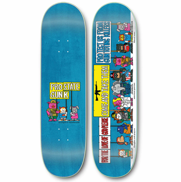 A colorful STRANGELOVE skateboard deck with cartoon characters for display purposes.